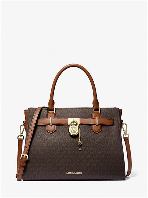 michael kors hamilton mk logo signature pvc satchel brown|Hamilton Medium Logo Satchel .